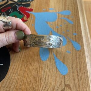 First Nations Indigenous Sterling Silver Carved Killer Whale Cuff Bracelet